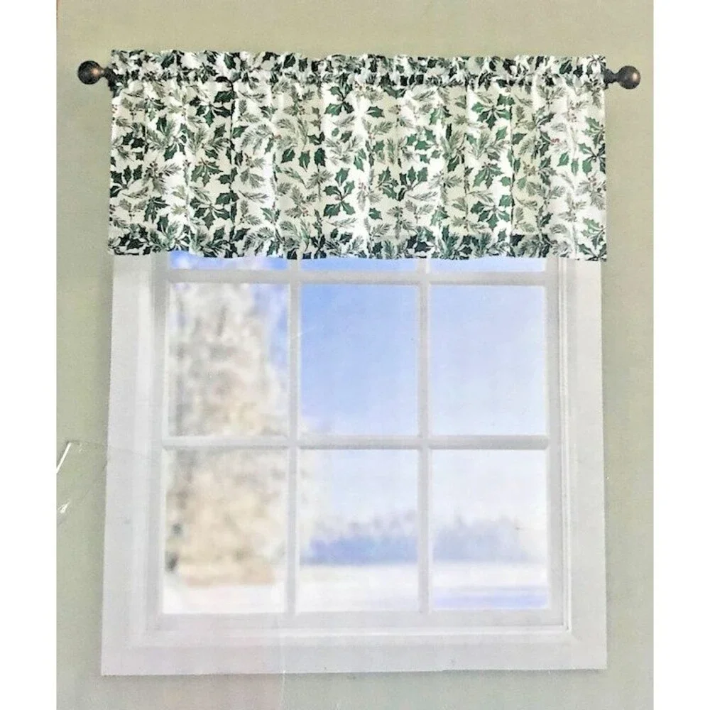 Christmas Holly Winter Valance Curtain Green White Holly Berries Holiday 54x17